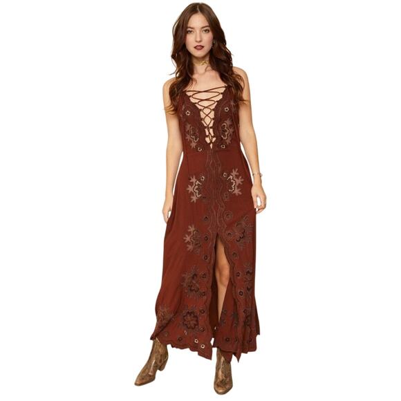 Cleobella Annie Chestnut Brown Lace Up Crochet Split Front Midi Dress XS - Picture 2 of 16